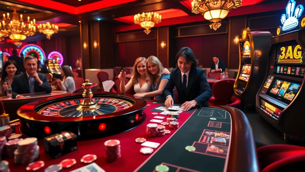 Sao789 players enjoying thrilling card games and slot machines in a luxurious casino.