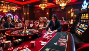 Sao789 players enjoying thrilling card games and slot machines in a luxurious casino.