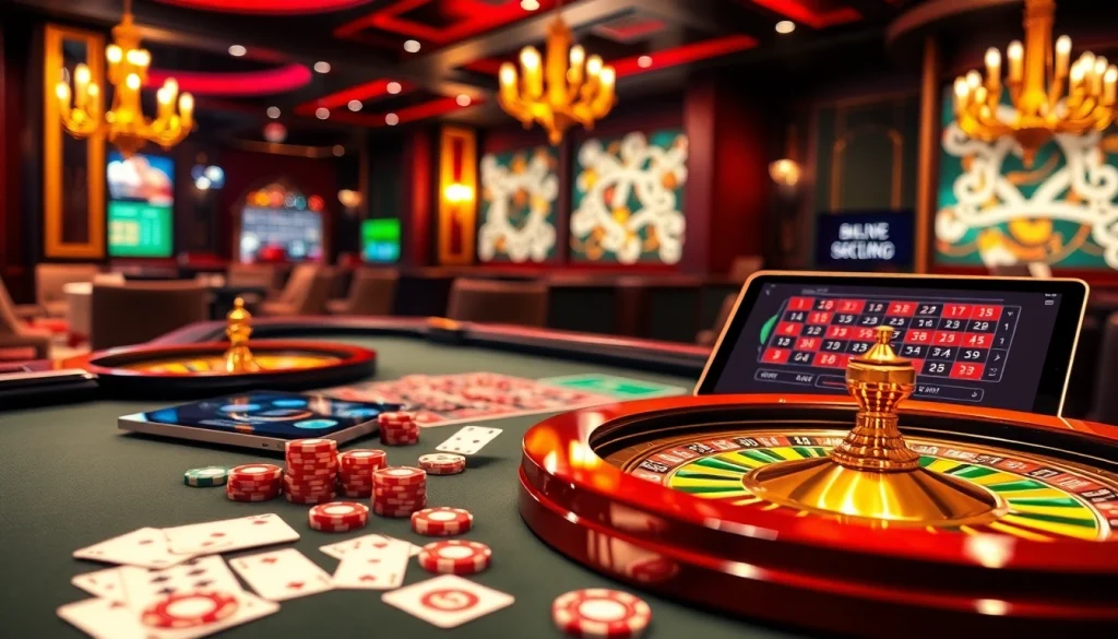 Action-packed gaming scene showcasing rik vip casino tables with vibrant roulette wheels and poker chips.