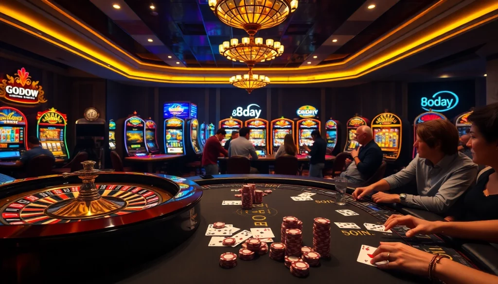 Players enjoying thrilling games at the 8day casino, showcasing roulette and slots in a luxurious setting.