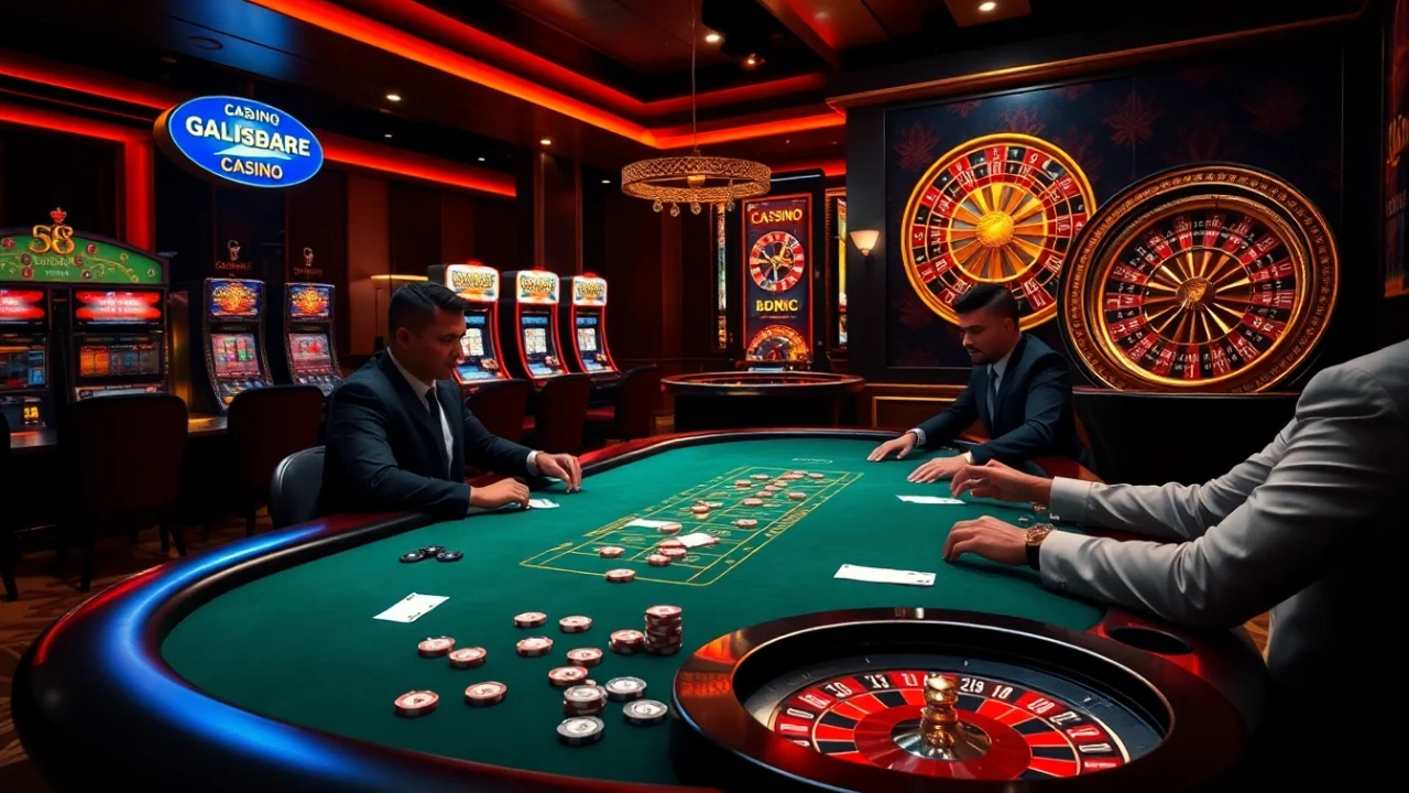 S8 casino players engaging in a high-stakes poker game surrounded by vibrant roulette wheels and slot machines.