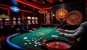 S8 casino players engaging in a high-stakes poker game surrounded by vibrant roulette wheels and slot machines.