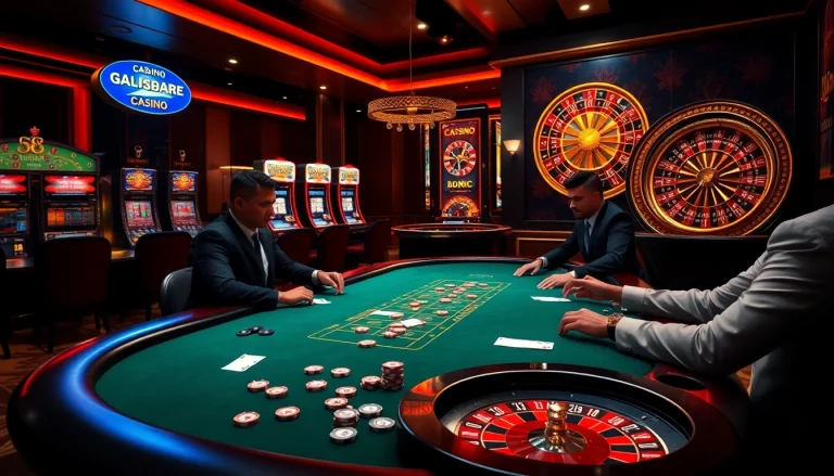 S8 casino players engaging in a high-stakes poker game surrounded by vibrant roulette wheels and slot machines.