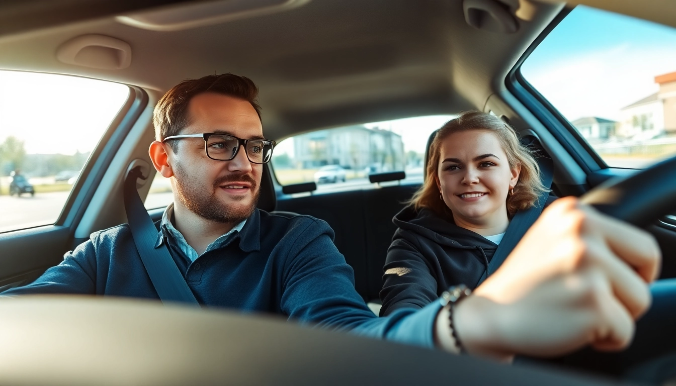 Engage in intensive driving course Portsmouth with a professional instructor guiding a student in a car.