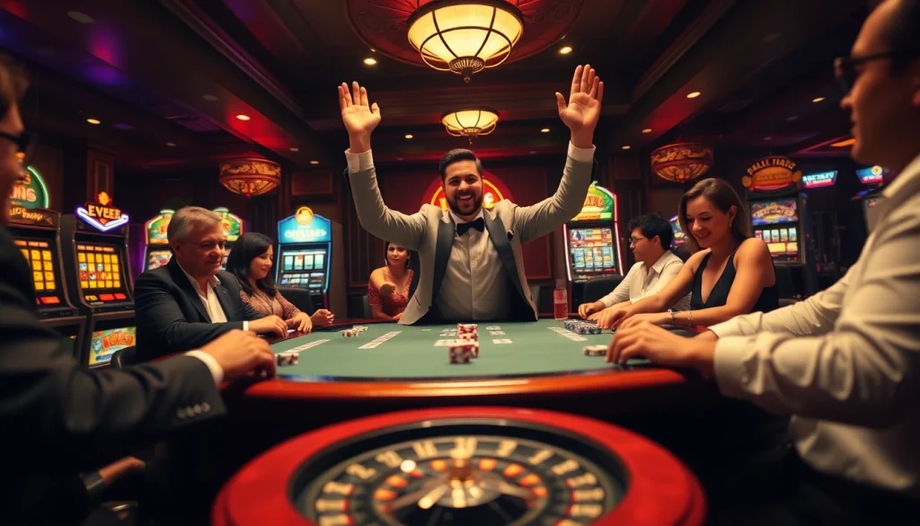 999E Apostas Confiável - Players celebrating a win at a luxurious casino poker table, surrounded by vibrant slot machines.