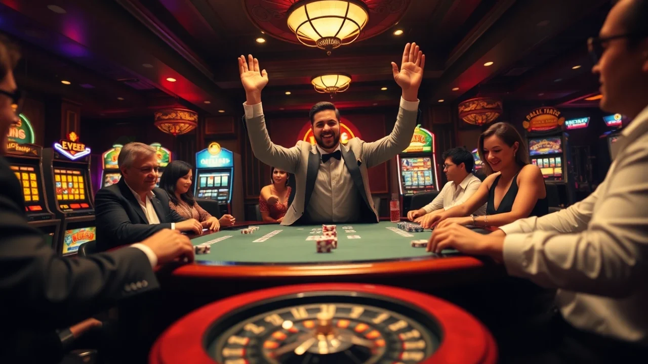 999E Apostas Confiável - Players celebrating a win at a luxurious casino poker table, surrounded by vibrant slot machines.