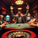 999E Apostas Confiável - Players celebrating a win at a luxurious casino poker table, surrounded by vibrant slot machines.