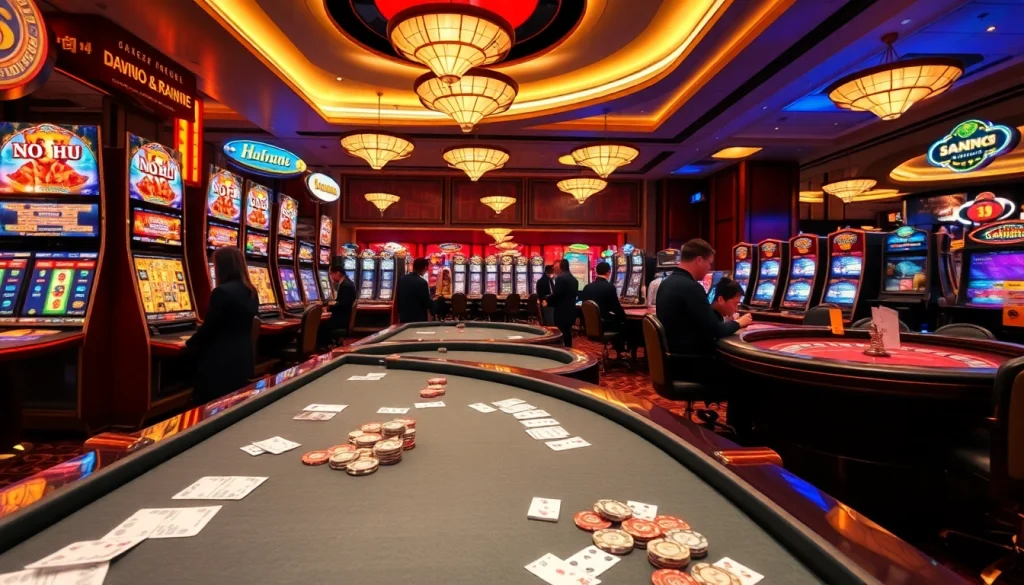 Play no hu with vibrant slot machines in a luxurious casino atmosphere.