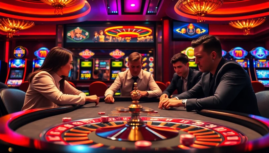 Experience the thrill of online gambling at rikvip with a vibrant casino scene featuring poker and slot machines.