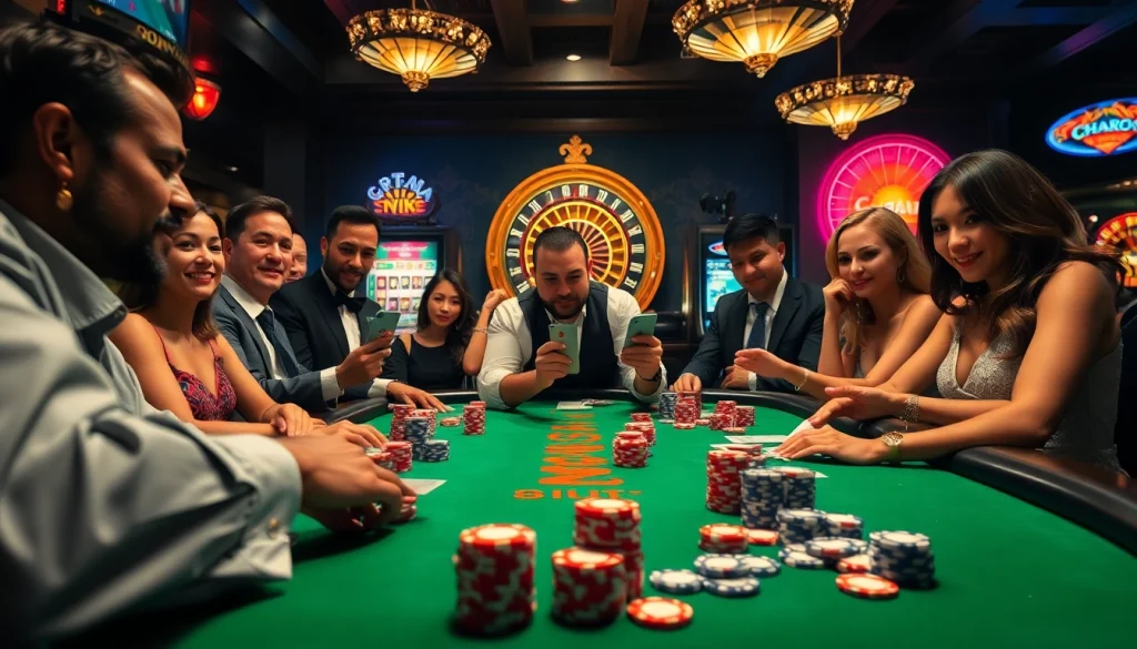 Experience the thrill of a vibrant blackjack game at rik vip casino, showcasing players and colorful chips.