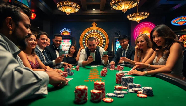Experience the thrill of a vibrant blackjack game at rik vip casino, showcasing players and colorful chips.