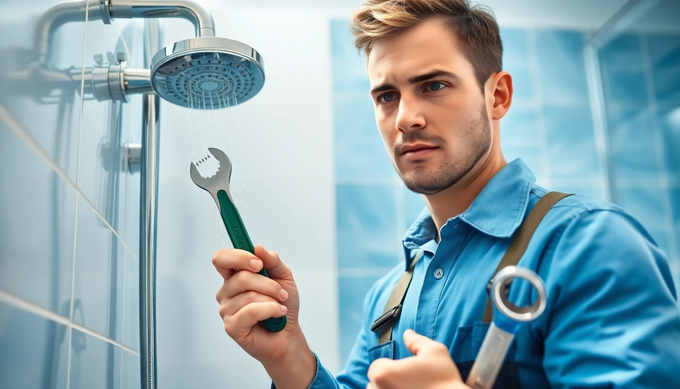 Plumber troubleshooting a shower not working issue with visible leaks.