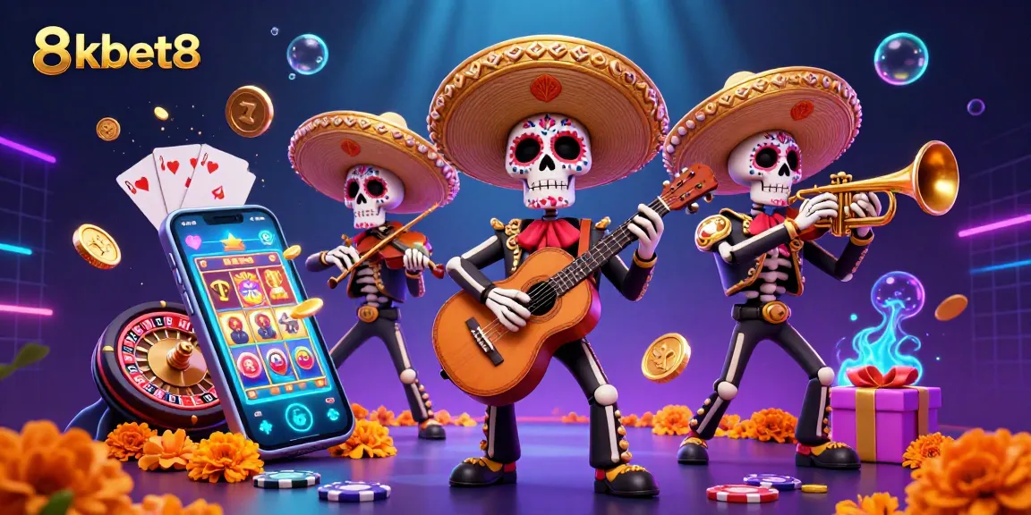 Play and win at 8kbet8 with a vibrant mariachi scene surrounded by exciting gambling elements.
