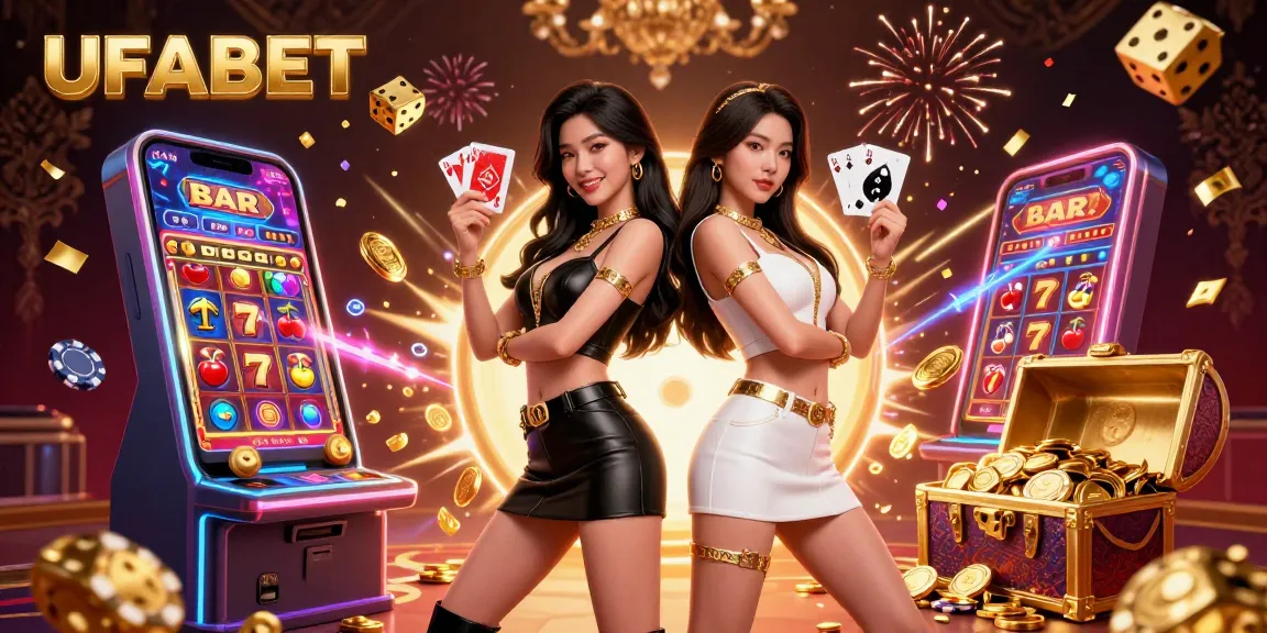 Experience UFABET's electrifying world with stunning twin Asian women showcasing powerful casino energy amidst crashing jackpots and vibrant slot elements.