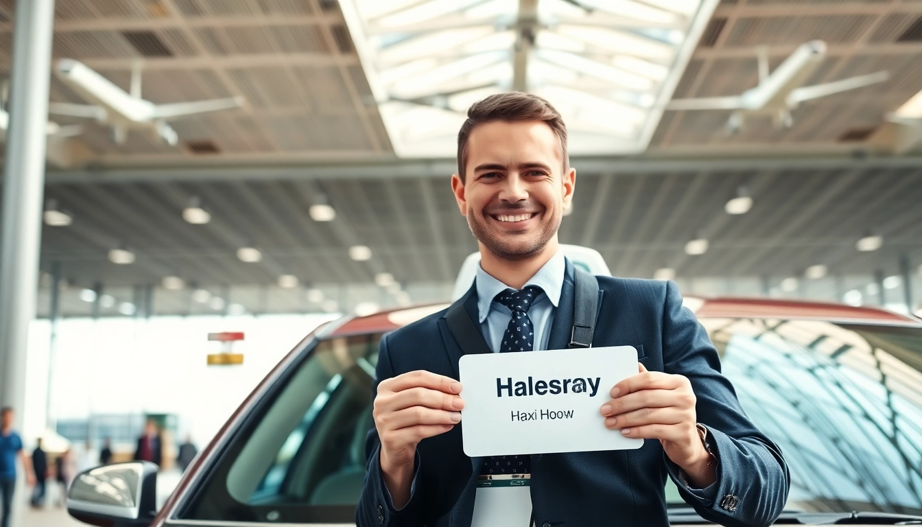 Welcome taxi driver at Heathrow airport ready to greet arriving passengers.