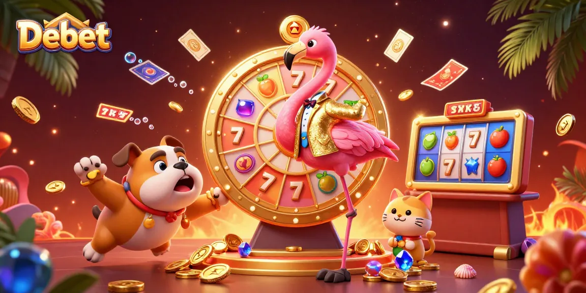 Engage in thrilling gameplay with Debet as a flamingo host spins a giant prize wheel while colorful elements surround the scene.