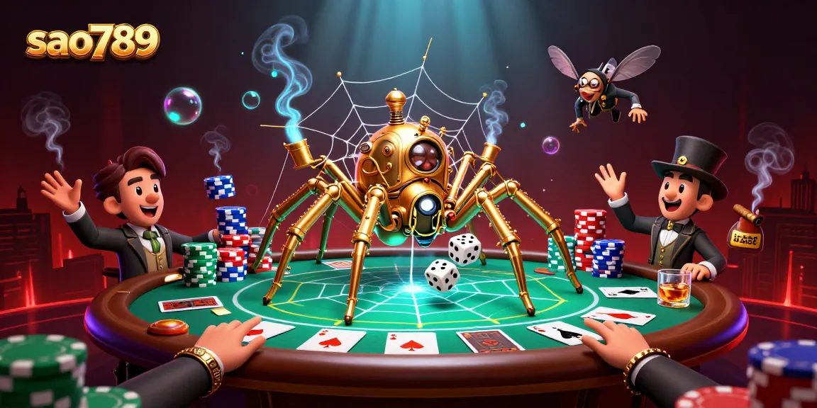Engage in thrilling gameplay at sao789, where a golden spider weaves webs of chance amidst poker and casino excitement.