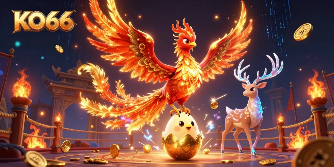 Engage in exciting gameplay at KO66 featuring a phoenix, baby phoenix, and mystical stag in a vibrant scene.
