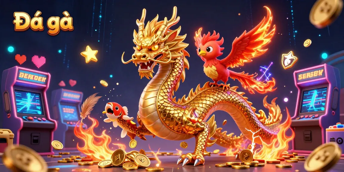 Engage in Đá gà with an exciting 3D illustration showcasing a fierce dragon, phoenix, and dynamic casino elements.