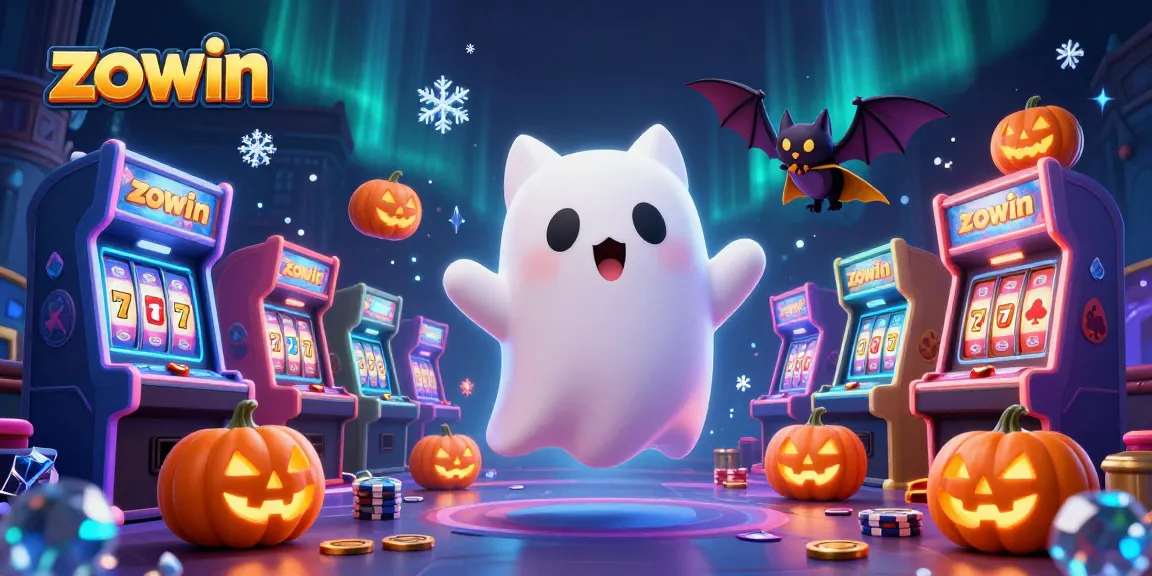 Zowin displays vibrant casino action with a friendly ghost cat and colorful slot machines.