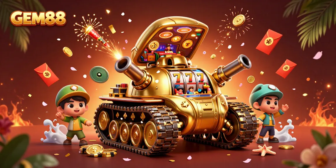 Experience thrilling gaming at GEM88 with a vibrant 3D casino illustration showcasing a unique golden beetle tank.
