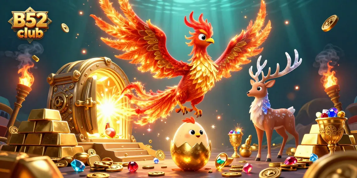 Engage in exciting gameplay at B52 club with stunning phoenix and regal stag in a treasure-filled scene.