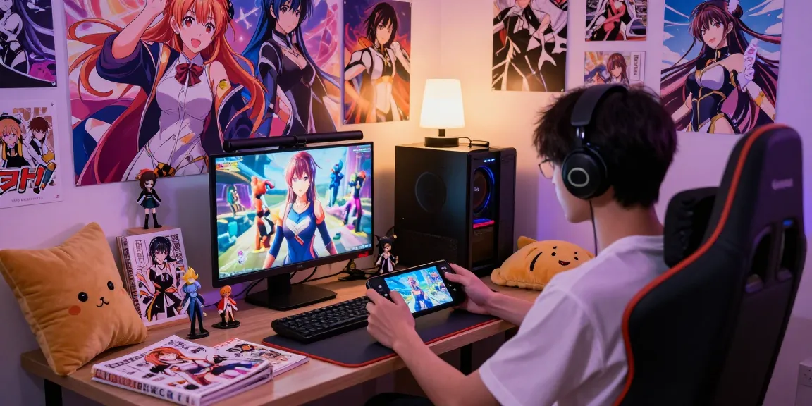 Engaged player enjoying a hentai game in a cozy gaming room filled with anime collectibles.