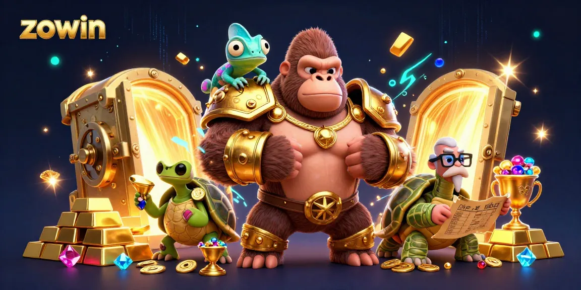 Zowin gorilla king displays power while a chameleon spy and tortoise elder reveal treasures in a casino rich scene.