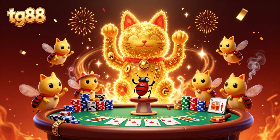 Experience the excitement of tg88 casino with a giant lucky cat surrounded by vibrant game elements.