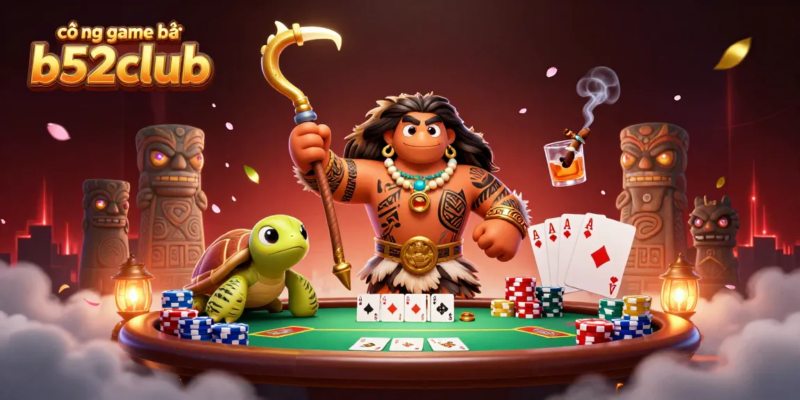 Play and win at cổng game bài b52club featuring a vibrant poker scene with dynamic characters and rich visuals.