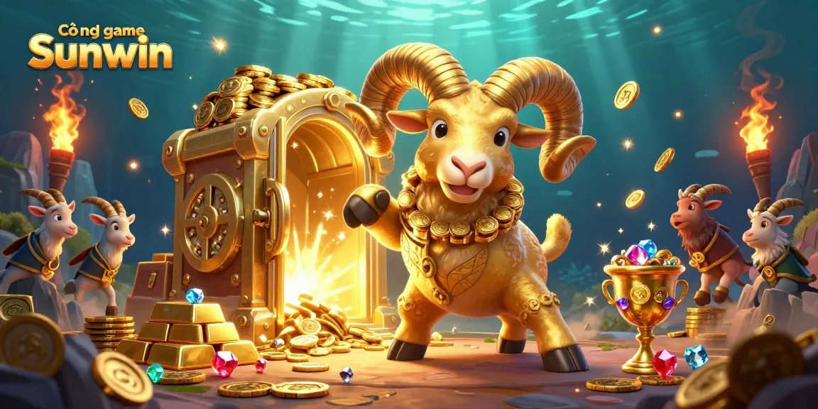 Cổng game Sunwin features a golden ram charging towards treasure in a rich casino atmosphere filled with gems.