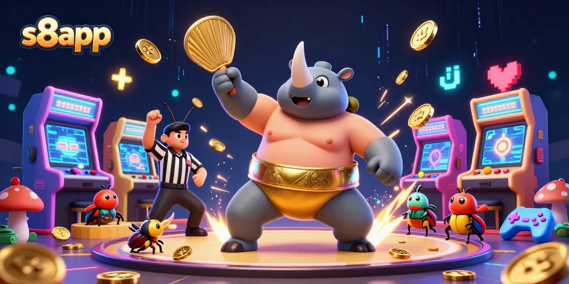 Experience excitement at s8app with a dynamic 3D illustration featuring a sumo champion and colorful arcade elements.