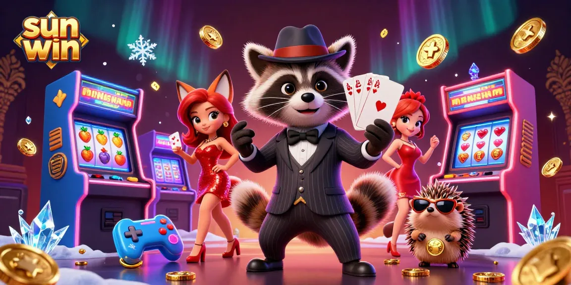 Sleek characters celebrating wins at casino sun win, complete with vibrant slot elements and dazzling details.