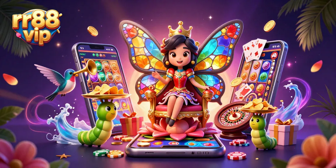 Experience rr88 vip with a cartoon butterfly queen in a vibrant casino scene filled with games and gold chips.