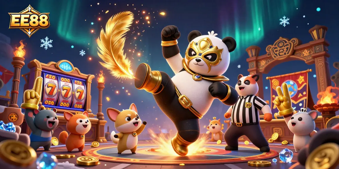 EE88 slot game excitement embodied with a wrestling panda in an engaging casino atmosphere.